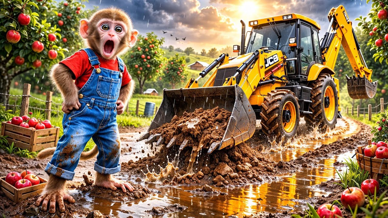 Brave Little Monkey & The Giant JCB in the Rain! 🌧️🚜 | 4K Cinematic 