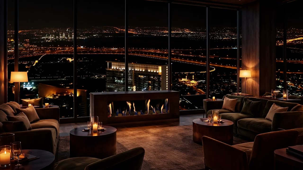 Midnight Penthouse View: Cozy Modern Fireplace & Chill Jazz for Sleep and Relaxation 🌃