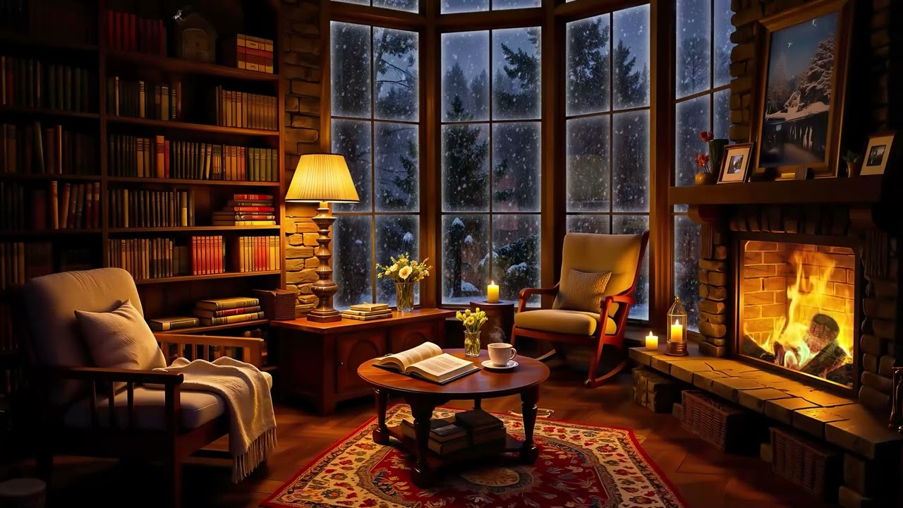 ❄ Winter Night in Cozy Reading Nook with Soft Jazz Music & Fireplace Sounds for Relaxation, Sleeping