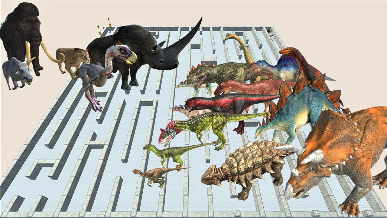 Dinosaur vs. Prehistoric mammals Knockout race. Maze course! | Animal Revolt Battle Simulator