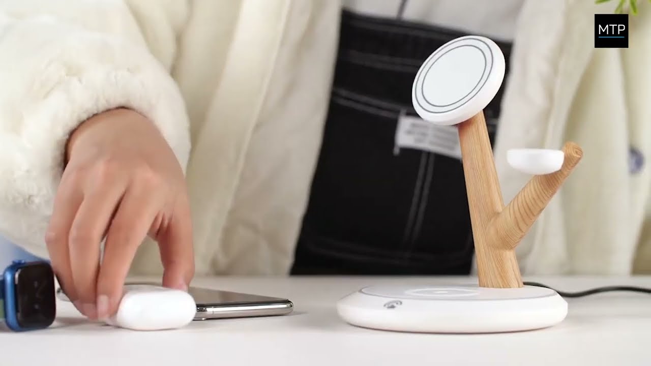MyTrendyPhone / TH02 TRÆGRENS-DESIGN 3-I-1 15W MAGNETISK TRÅDLØS OPLADER, TIL IWATCH / AIRPODS