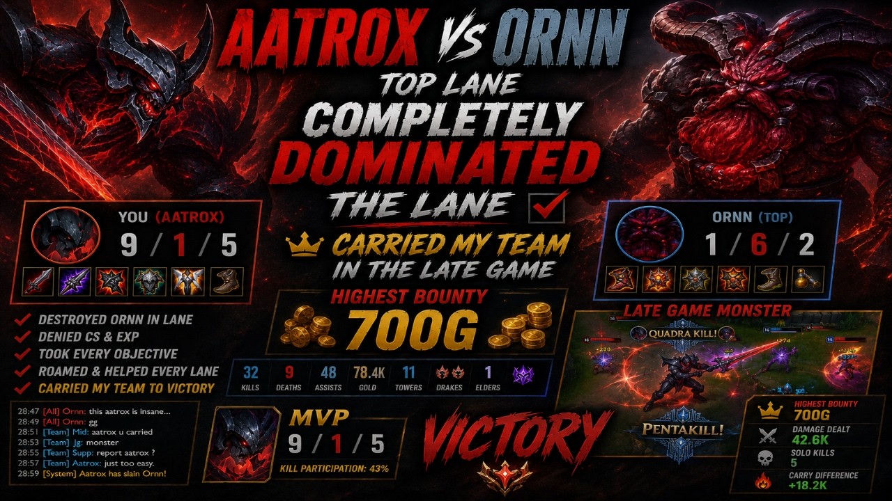 Aatrox Vs Ornn gameplay in Top lane, completely destroyed him in the Lane and carried my Team.
