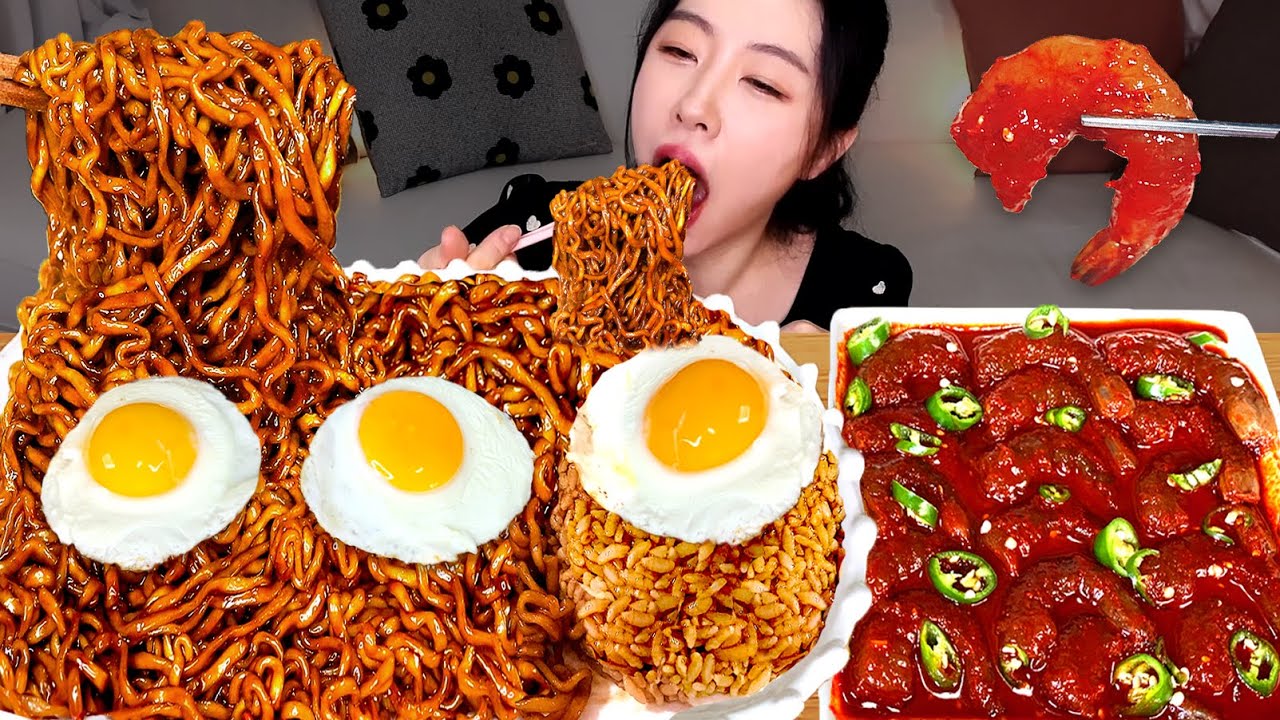 짜파게티 더블랙+양념새우장🔥파김치도 울고갈 인생 꿀조합!👍🏻이건 꼭 먹어야되...!!! 짜장라면 먹방 chapagetti ASMR Real Mukbang