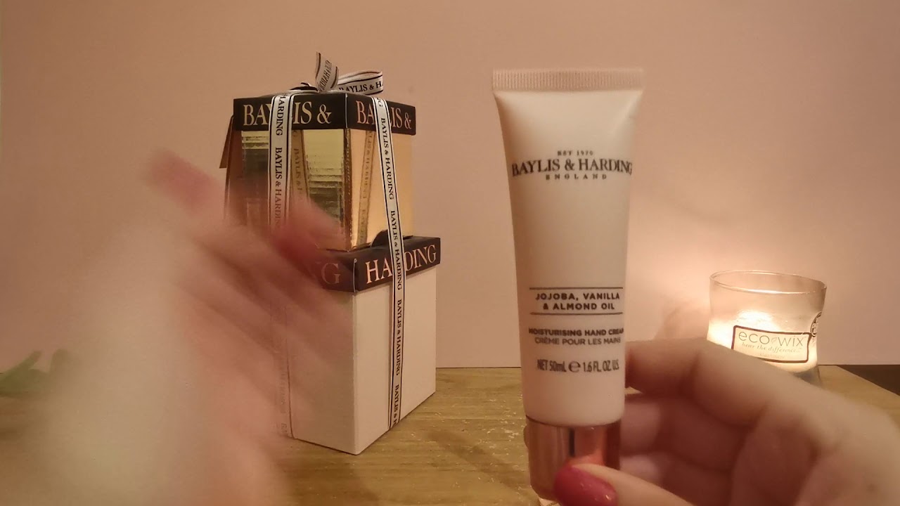 ASMR Whispered Baylis and Harding unboxing - box and bottle sounds, tapping, liquid sounds.