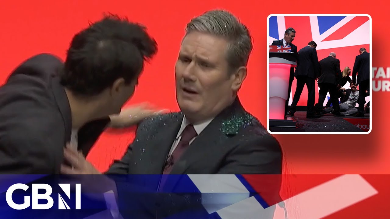Keir Starmer COVERED in glitter by protester during speech in shocking security breach