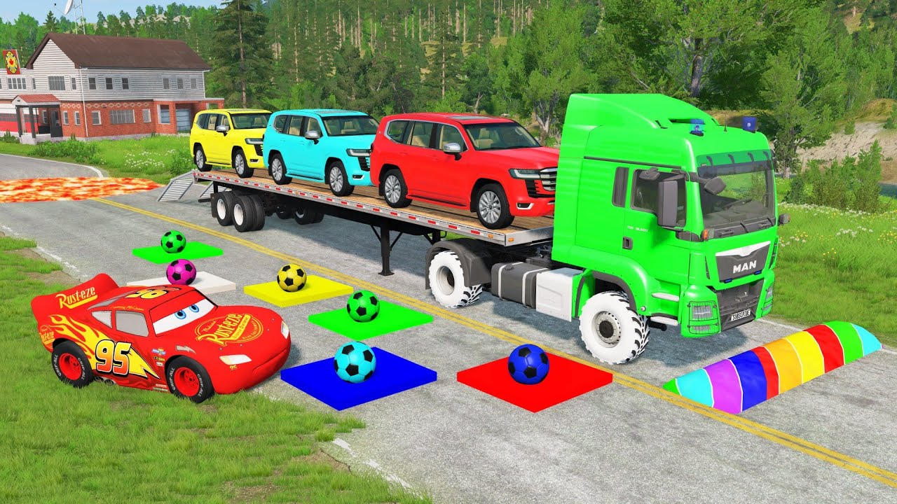 Flatbed Truck McQueen | Transportation with Truck - Pothole vs Car #68 | BeamNG.Drive Gameplay