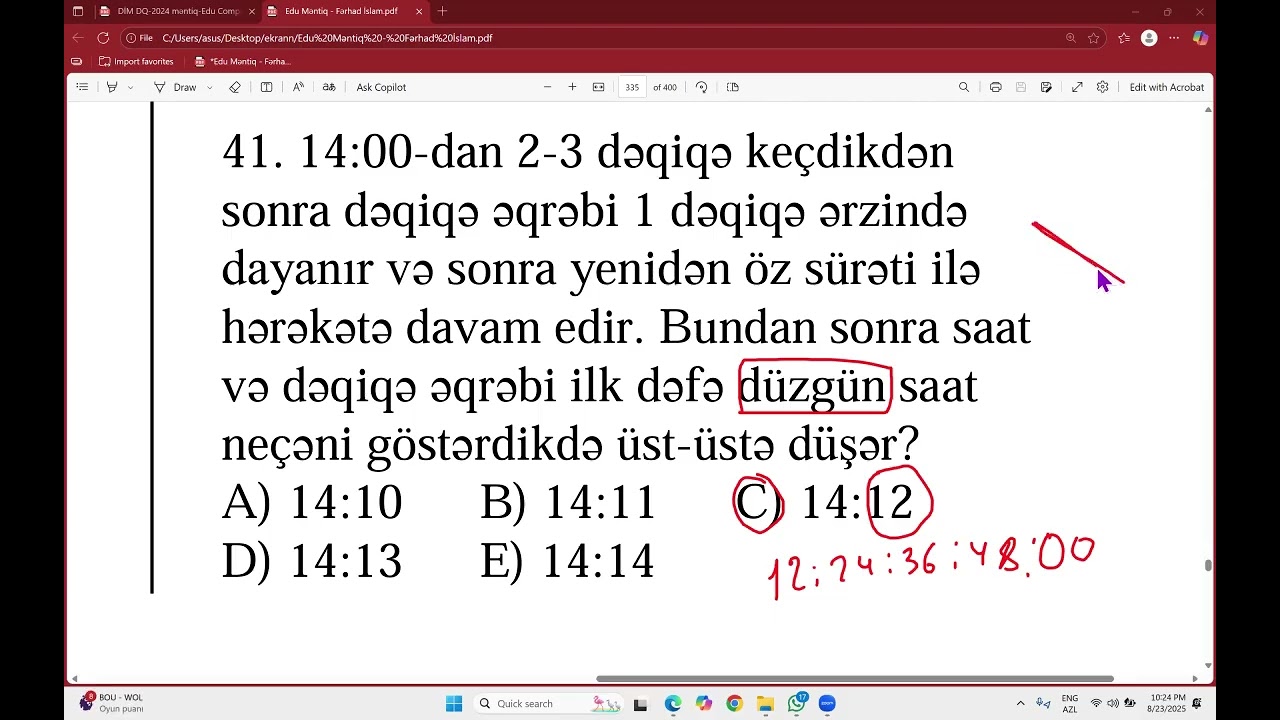 Dövlət qulluğu qəbul tipli testlər ( Akvarium, Saat məsələləri, kürəciklər)