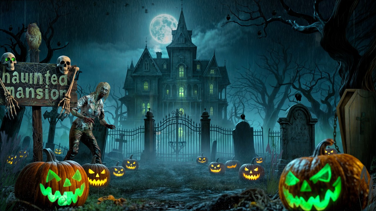 Haunted Mansion Halloween Ambience | Heavy Rain & Thunderstorm Sounds, Night Spooky Sounds for Sleep