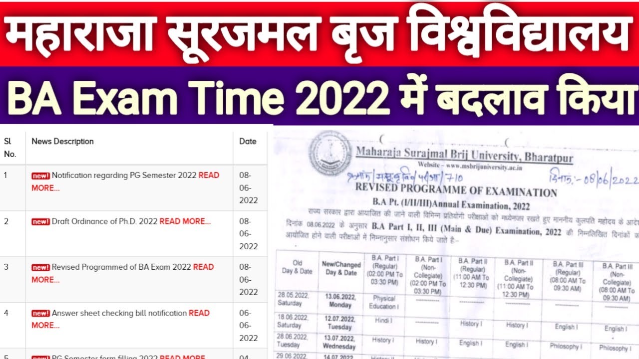 MSBU BA Revised Exam Time Table 2022 | MSBU BA Exam Time Table Change 2022