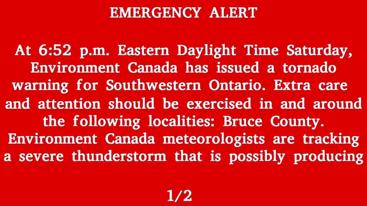 Environment Canada, Alert Ready - Tornado Warning, Southwestern Ontario (Lake Huron & Bruce County)