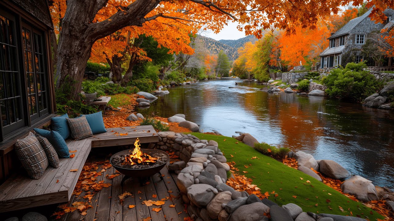 Peaceful Cabin by the River | Cozy Porch Firepit and Nature Birds Songs Ambience