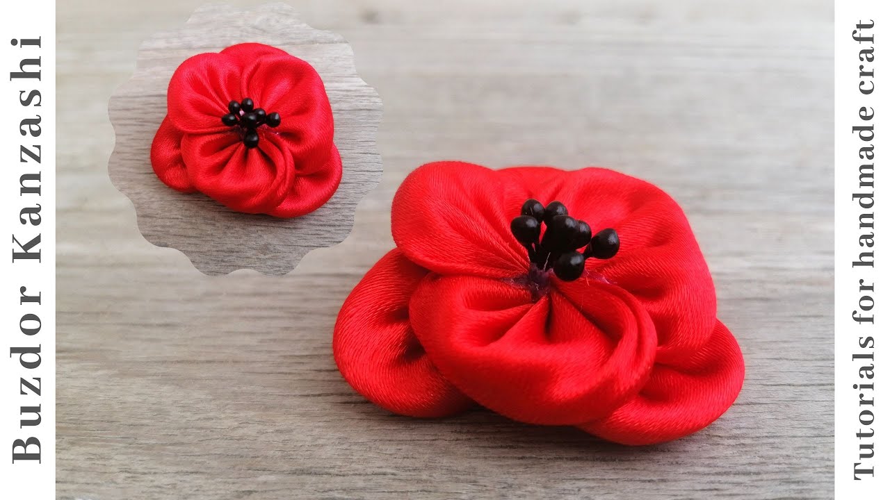 DIY Kanzashi pipacs / Kanzashi poppy / ribbon poppy tutorial/ szatén szalagból pipacs készítése