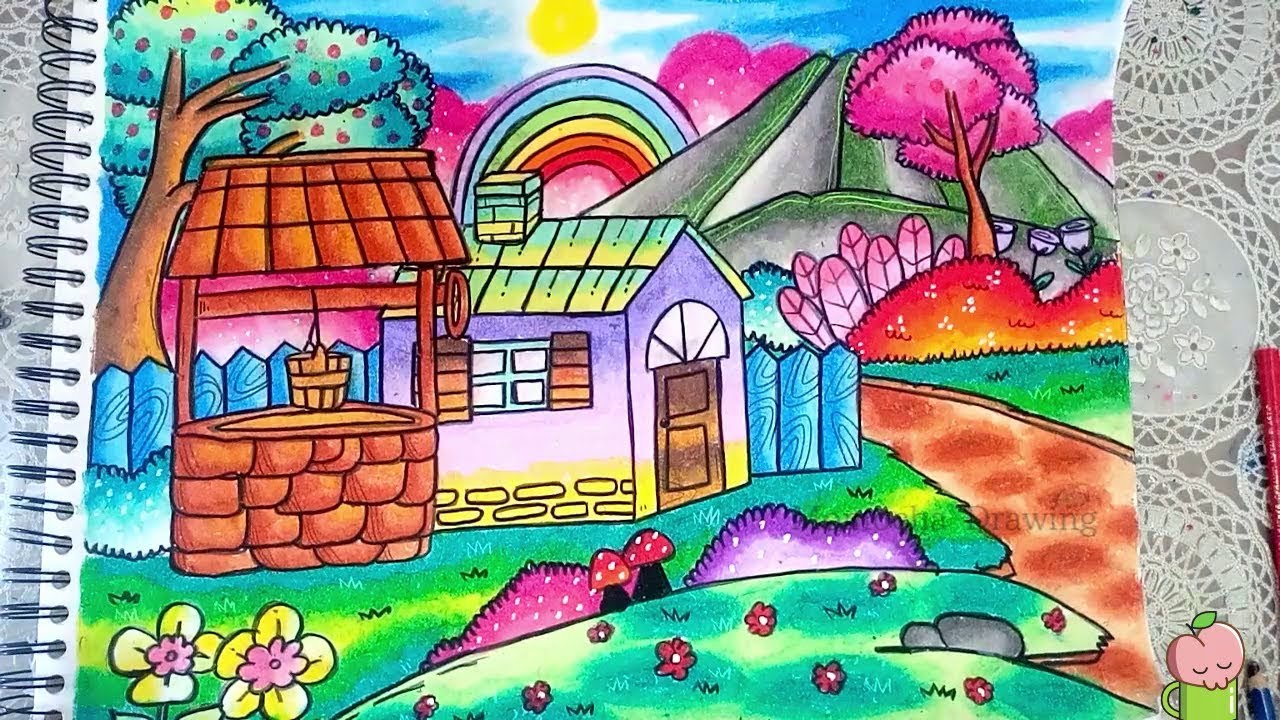 Cara Menggambar dan Mewarnai Pemandangan Desa - Gradasi Warna Oil Pastel untuk pemula