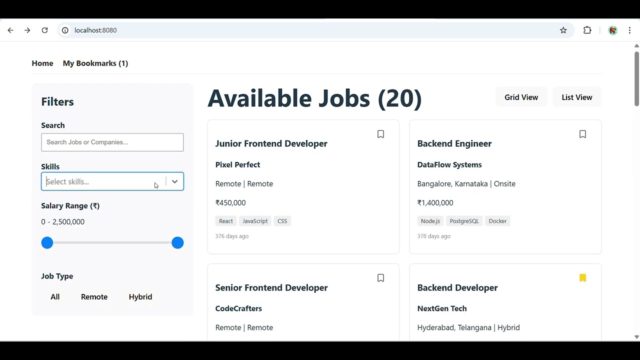 Job board with advanced filtering and bookmarking using React. 
