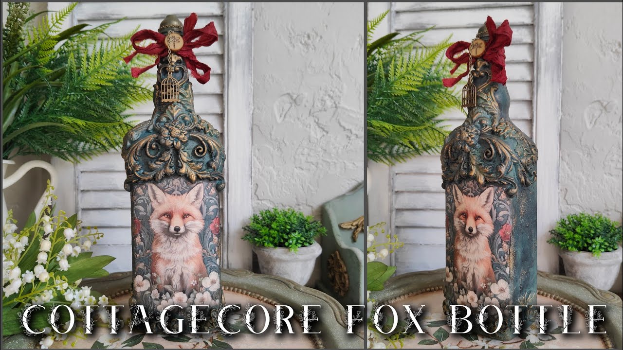 Cottagecore Fox Bottle 💙 Mixed media decoupage