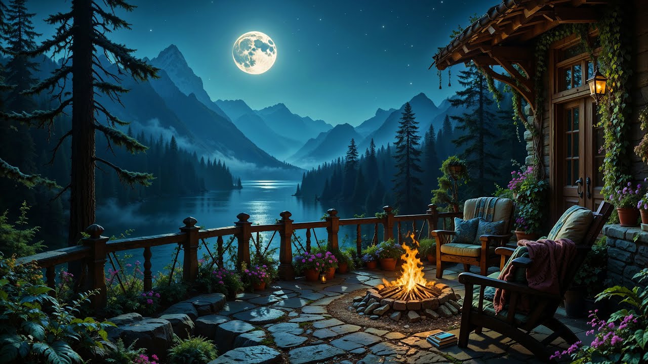 Cozy Lakeside Patio by Moonlit Mountains 🌙🔥 Ambient Music & Nature Sounds for Deep Relaxation | 2K