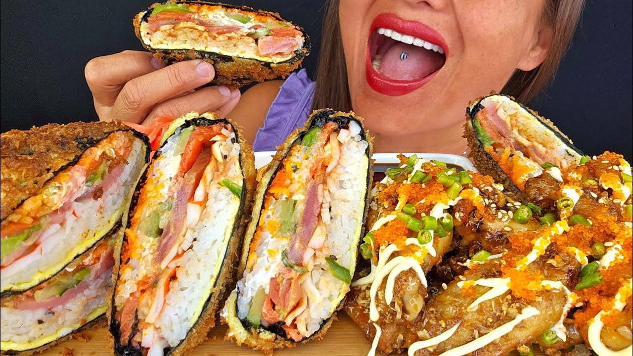 SUSHI SANDWICHES! SOY GARLIC CHICKEN WINGS ASMR MUKBANG OMAD CRUNCHY EATING NOISES BIG BITES SEAFOOD