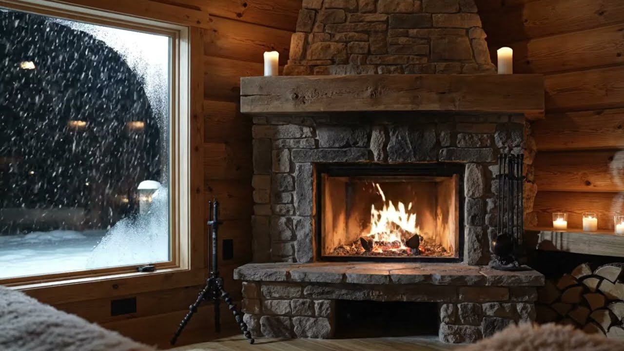 4 Hours Cozy Winter Cabin | Fireplace & Snowfall Ambience | 4K