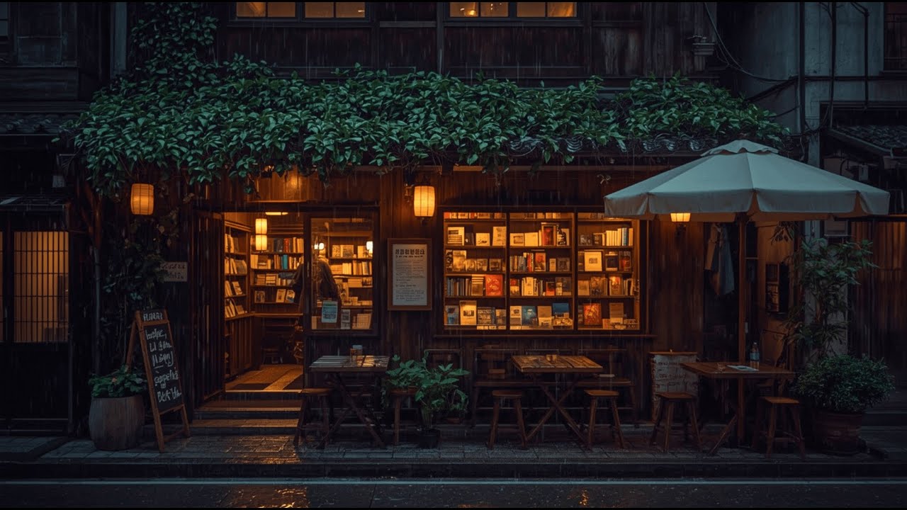 Rainy Night in Japan | Cozy Bookstore Café Ambience