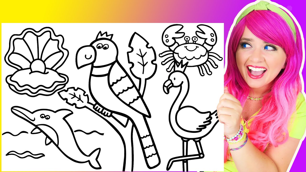 Coloring Beach Animals Coloring Pages | Flamingo, Dolphin, Parrot, Crab & Oyster | Markers & Crayons