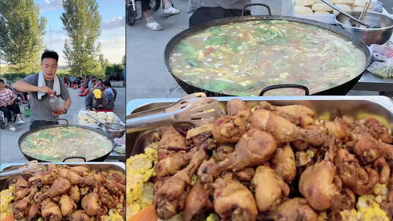 A Kind Chinese Guy Cook Free Meals / Dinner for the old on the Street in the Countryside