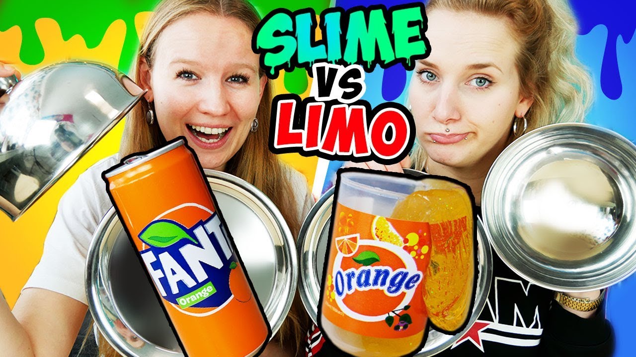 SLIME VS LIMO Challenge - Glibber in Dosen gegen echte Getränke NINA VS KATHI Wer kriegt was?
