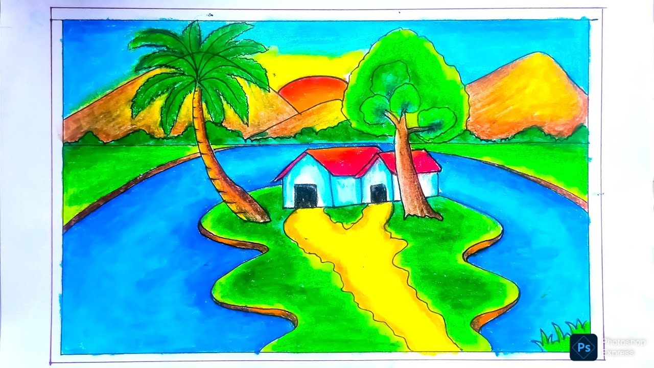 Beautiful Landscape Drawing Easy || Scenery Drawing Easy || Natural Drawing Easy || Village Drawing