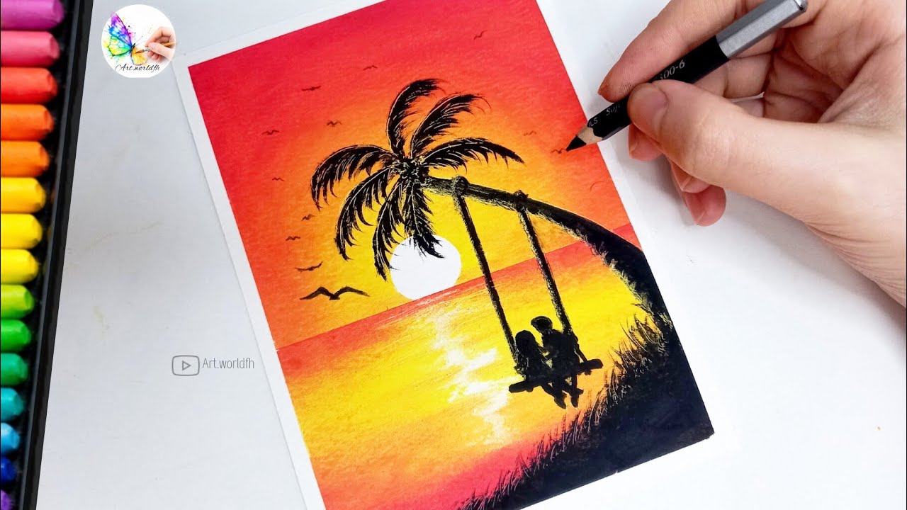 Wait Until You See This Beautiful Sunset Drawing | Easy Oil Pastel Tutorial
