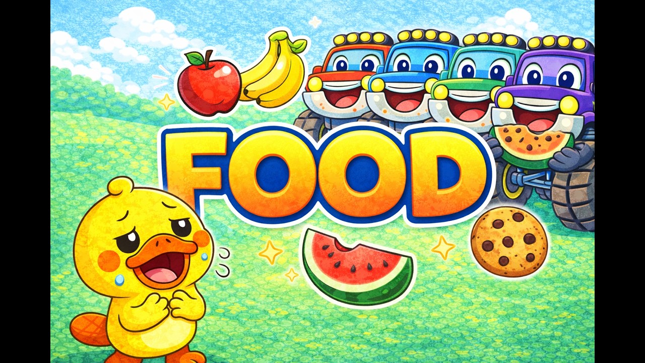 FOOD with Plee! | Hungry Plee & Monster Trucks 🍎🍌🍪 | Learn Food Words for Kids