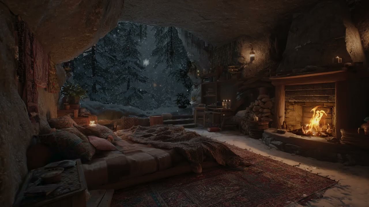 Sleep Hard To Find Tonight | Snow Covers The Cave As Fireplace Warms The Space Bringing Deep Rest