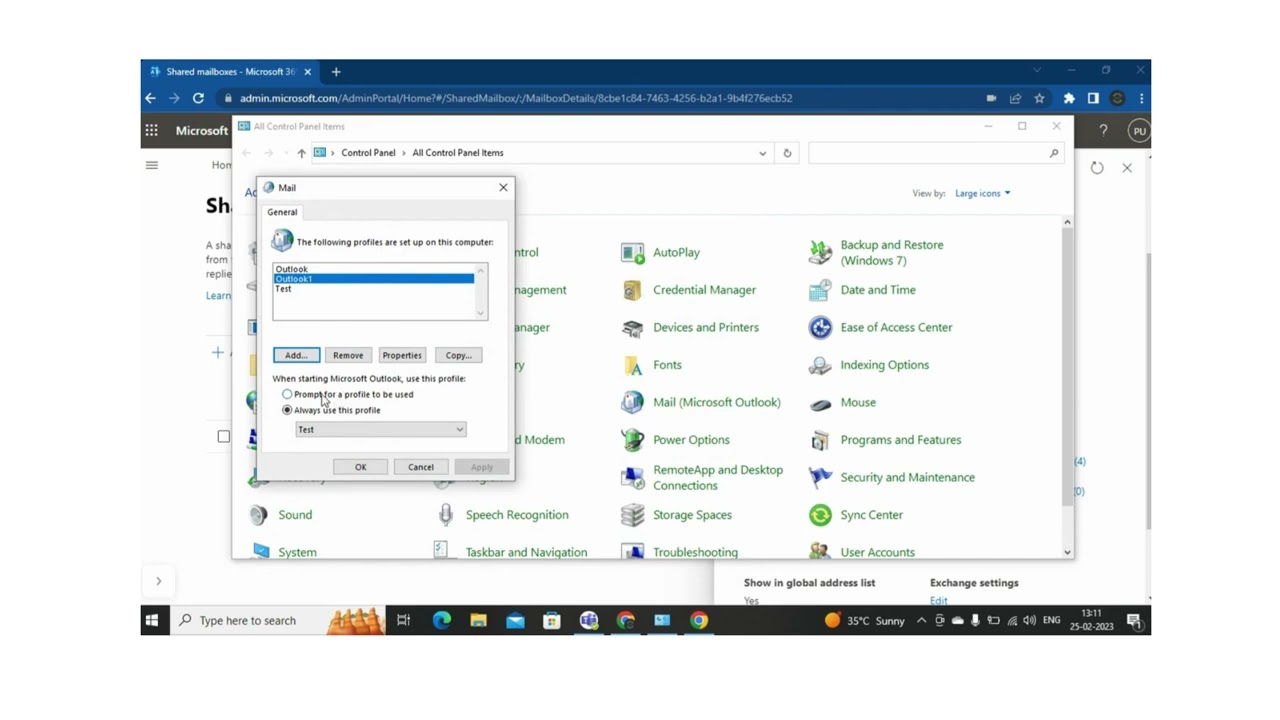 Восстановление профиля Outlook из панели управления.