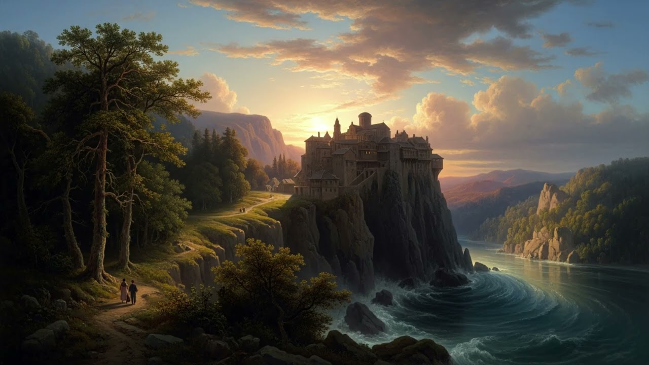 Ambient Mode 4K: Backlit Cliff Monastery Painting for OLED Art Display