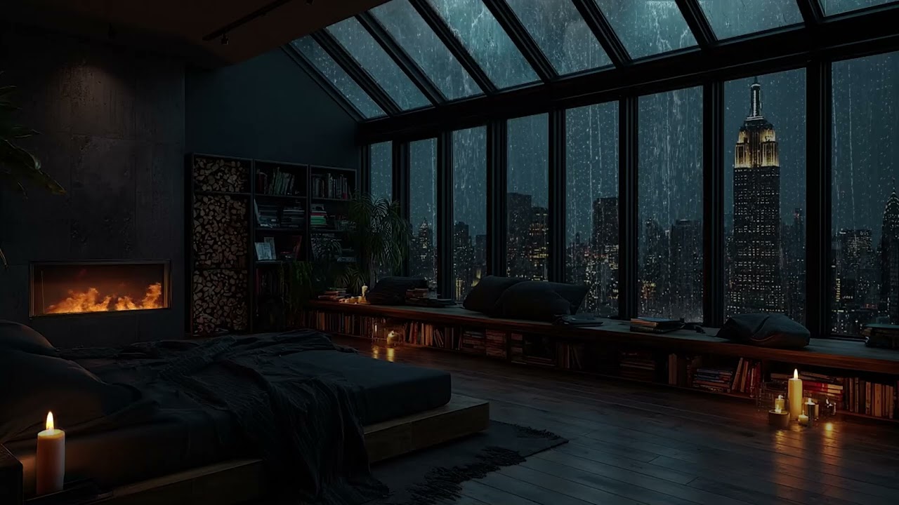 Rainy Paris Night for Deep Sleep 🌧️ Luxury Penthouse Fireplace Ambience (3 Hours)