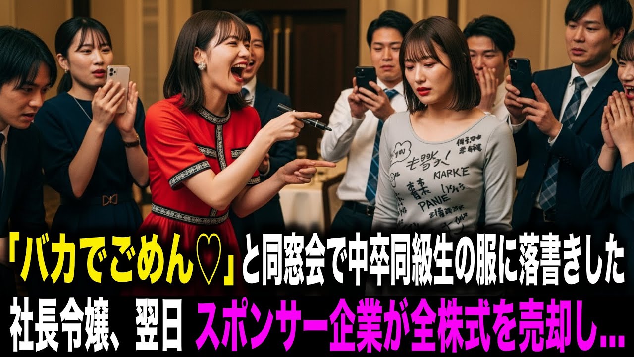 【スカッとする話】「バカでごめん♡」と同窓会で中卒同級生の服に落書きした社長令嬢。翌日、スポンサー企業が全株式を売却し地獄に落ちる…