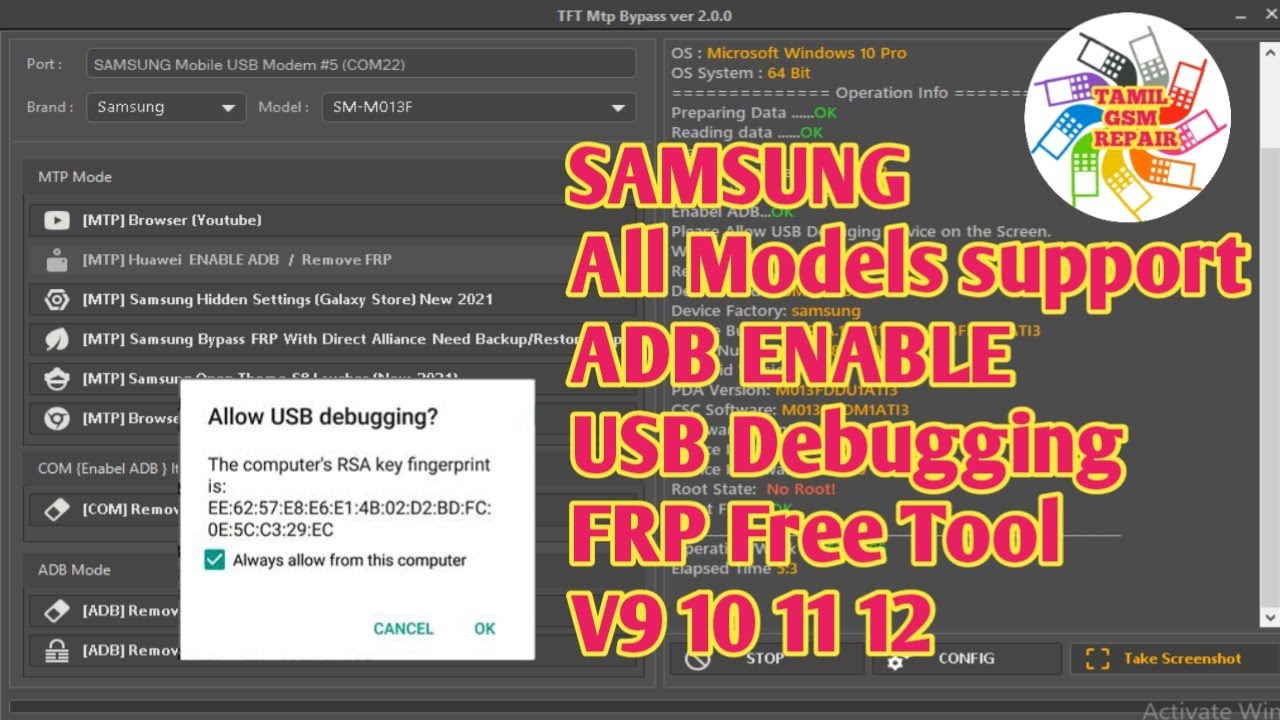 TFT Mtp Frp Bypass v2.0.1 Free, Samsung Auto Enable one click adb All version sopport, frp unlock