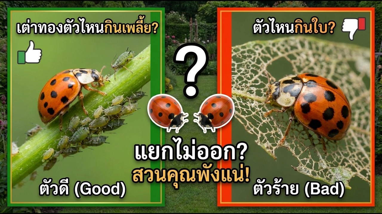 🐞 แตกต่างอย่างไร: ตัวต่อหรือตัวกินเพลี้ย vs ตัวที่กินใบไม้ของเต่าทอง