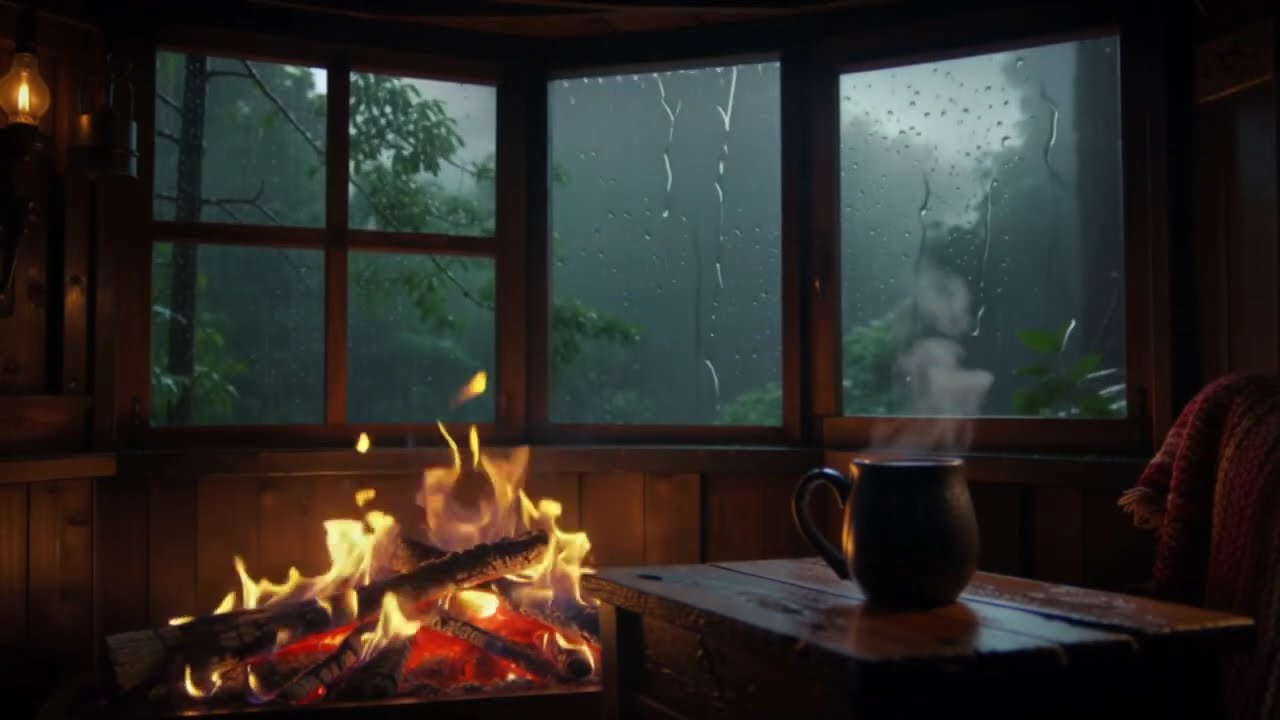 4K Cozy cabin by the fireplace watching the rain with calming, soothing & dreamy music.