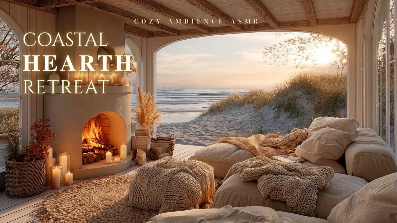 Coastal Hearth Retreat 🔥 Seaside Cabin Ambience with Crackling Fire for Deep Relaxation