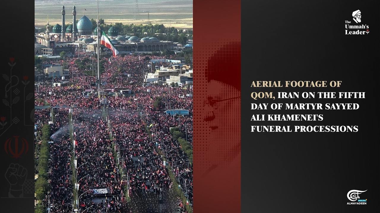 Aerial footage of Qom, Iran on the fifth day of martyr Sayyed Ali Khamenei's funeral processions