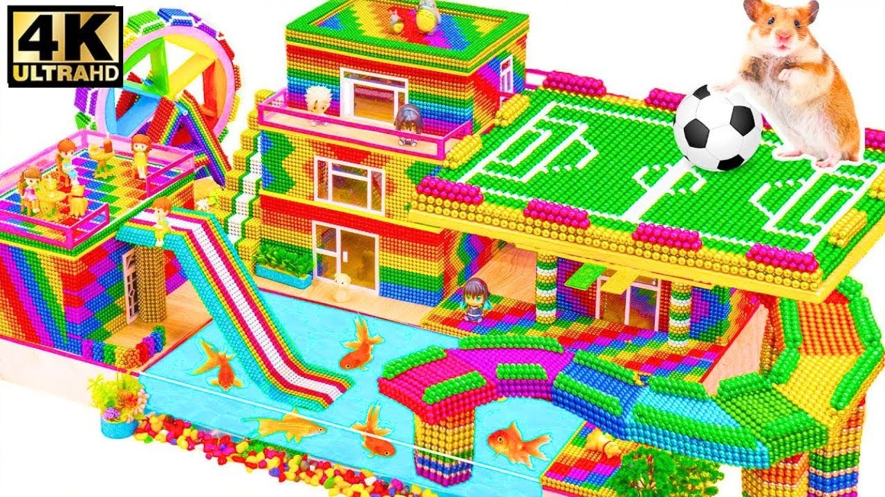 Build Rainbow Country Farm Villa Has Golden Fish Pond And DIY Smart Elevator From Magnetic Balls