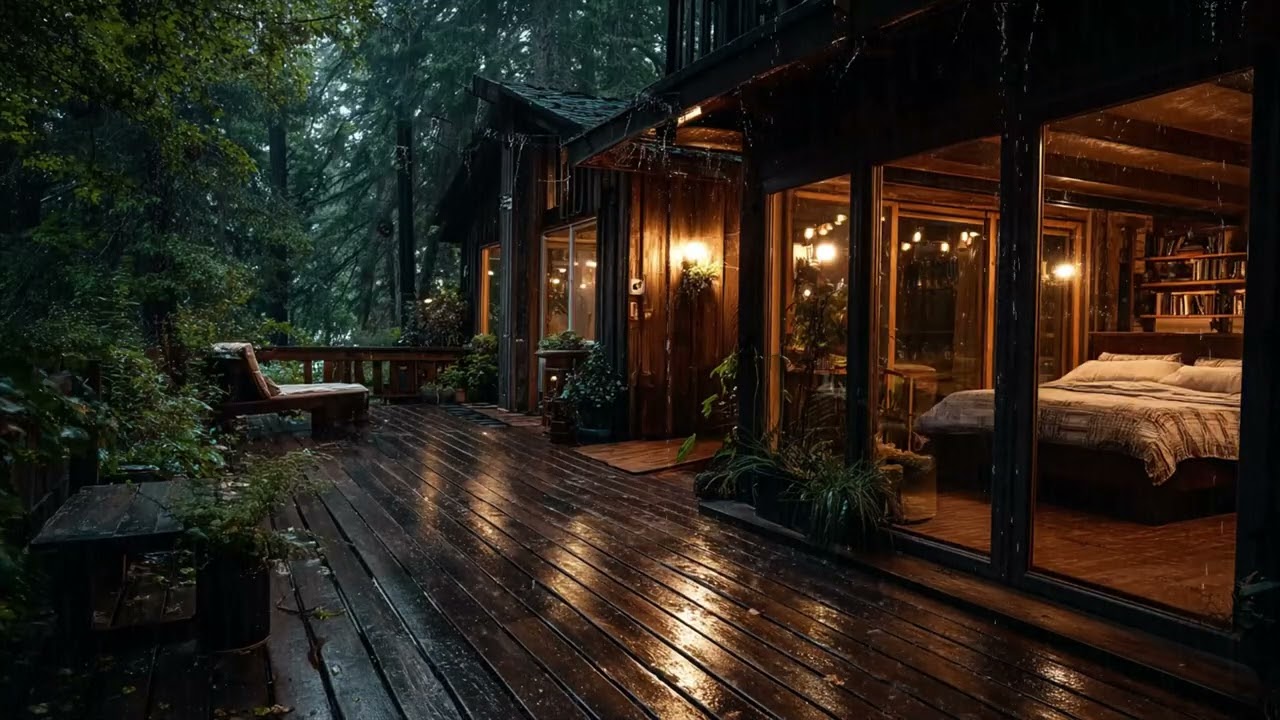 Relaxing Rain in Pine Forest Cabin 🌧️ Warm Lamp Light & Books for Deep Sleep and Calm Nights
