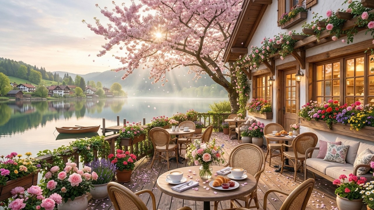 Spring Lakeside Café Jazz 🌸 Cozy LoFi Jazz Music with Relaxing Flower Terrace Ambience