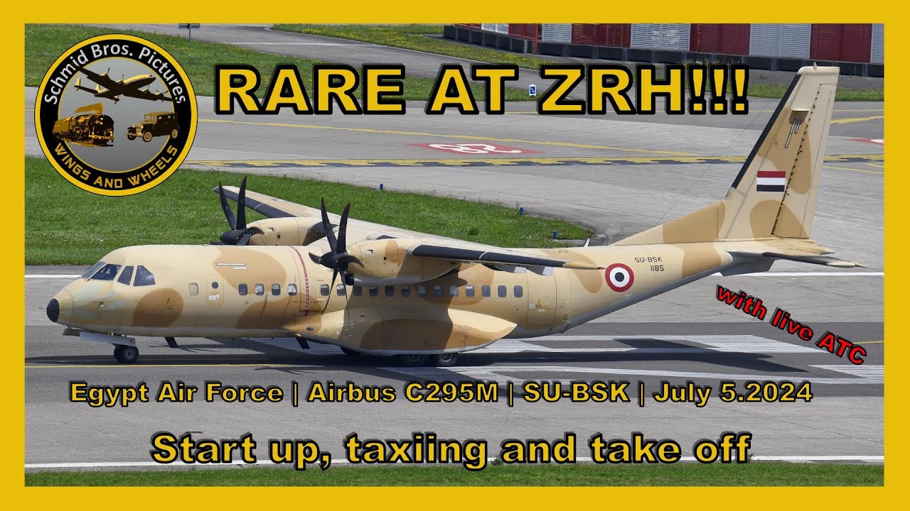 RARE AT ZRH!!! Egypt Air Force Airbus C295M start up, taxiing and take off at ZRH (with live ATC)