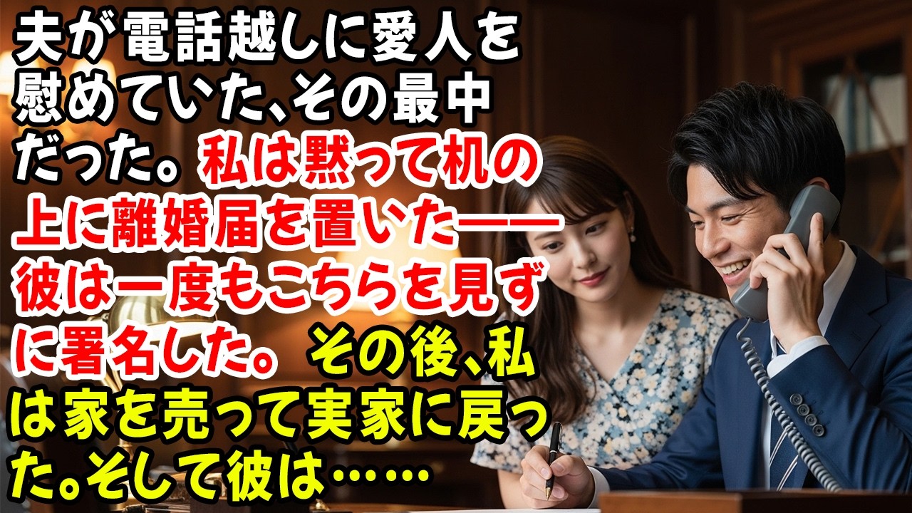 夫が電話越しに愛人を慰めていた、その最中だった。私は黙って机の上に離婚届を置いた――彼は一度もこちらを見ずに署名した。その後、私は家を売って実家に戻った。そして彼は……