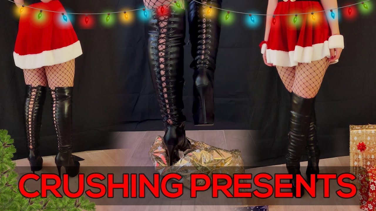 Crushing Your Christmas Presents in Black High Knee Heels & Red Outfit [ASMR]