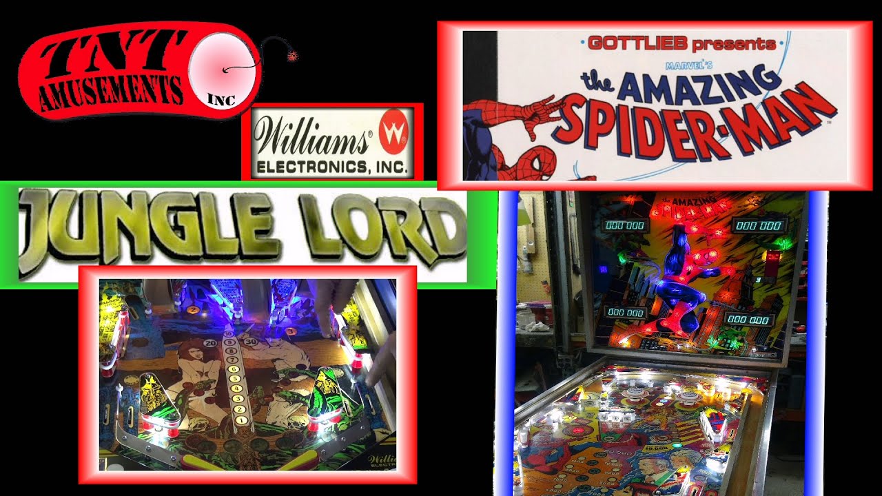#1156 WIlliams JUNGLE LORD & Gottlieb AMAZING SPIDERMAN Pinball Machines -TNT Amusements