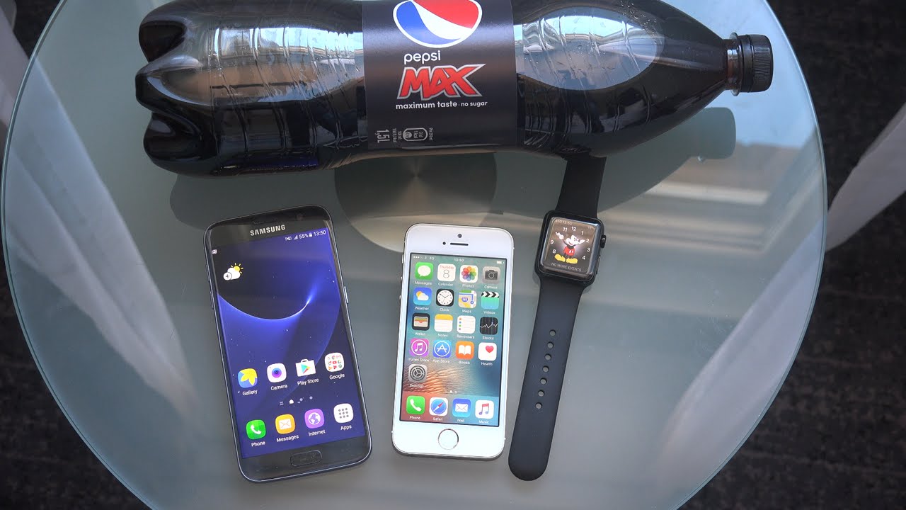 Samsung Galaxy S7 vs. iPhone SE vs. Apple Watch Pepsi Max Test!