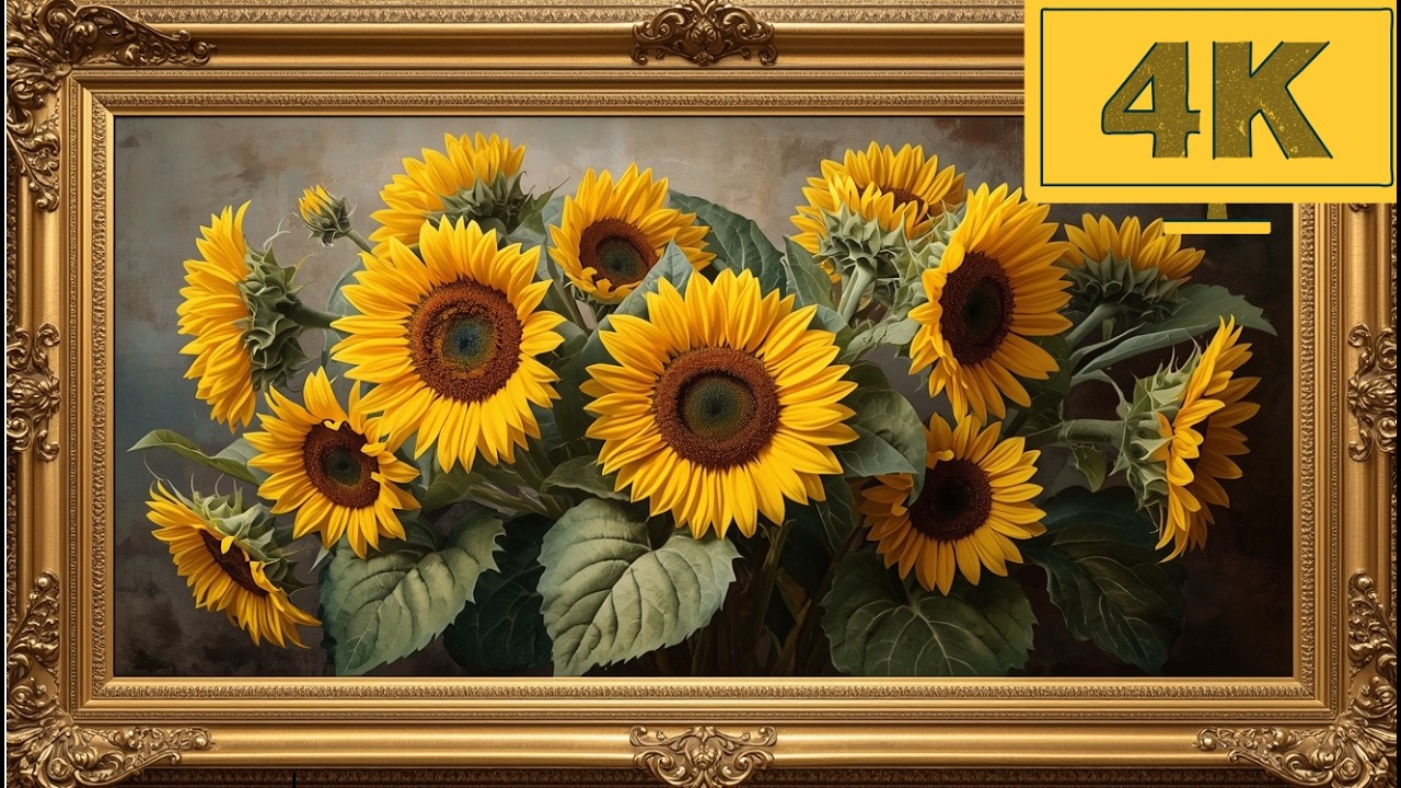 4K TV WALLPAPER Sunflower Bouquet in Golden Frame | Classic Floral Fine Art