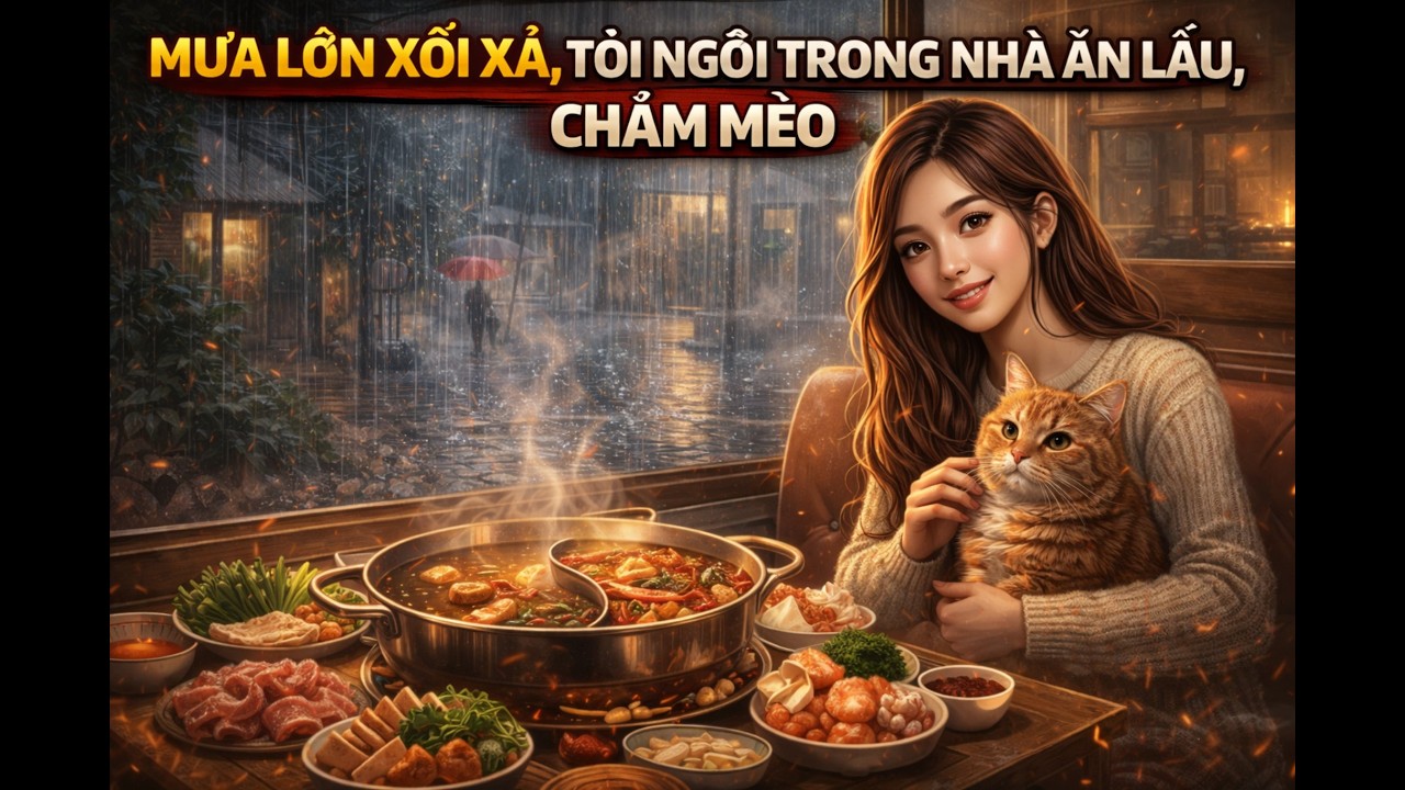 MƯA LỚN XỐI XẢ, TÔI NGỒI TRONG NHÀ ĂN LẨU, CHĂM MÈO
