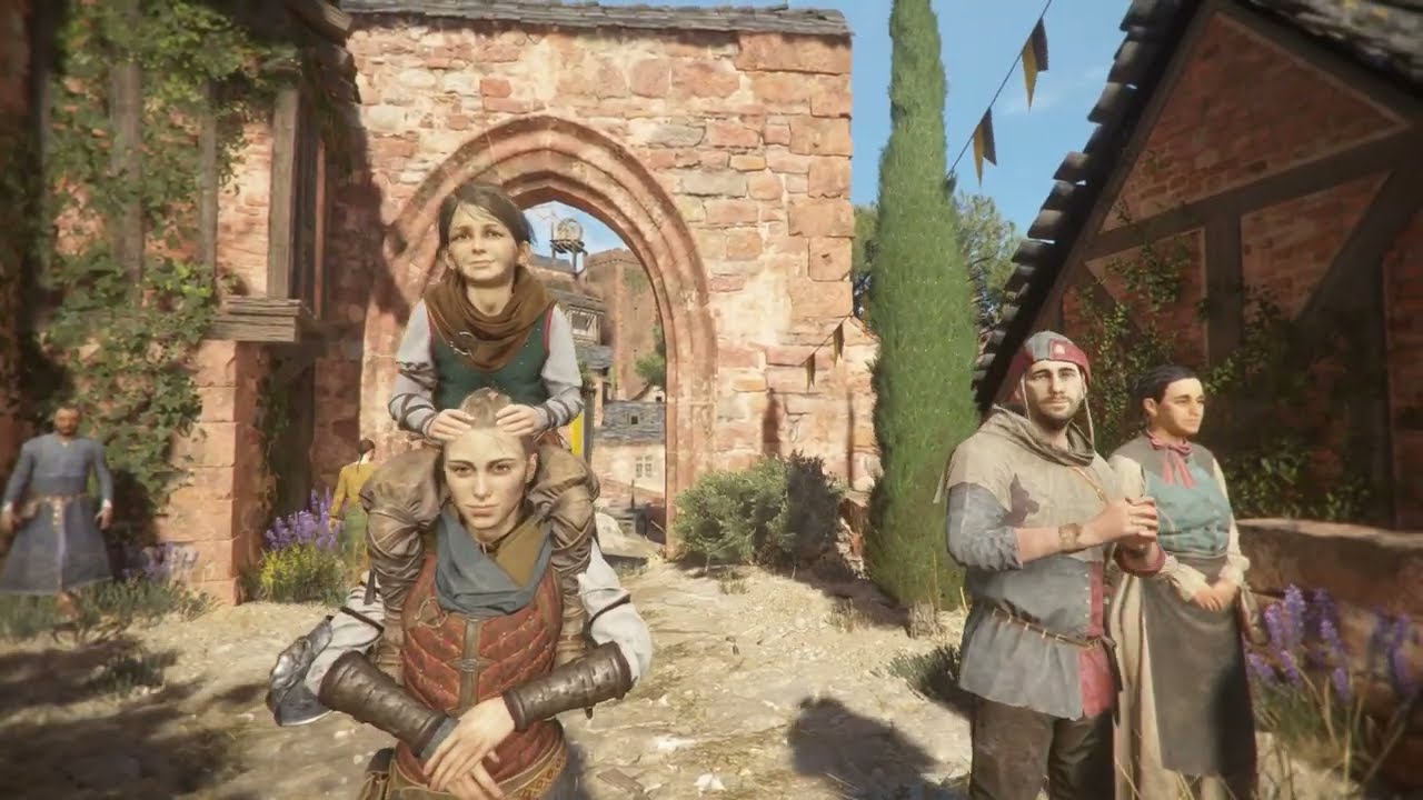 Amicia lifts Hugo on her shoulders. Brother Sister cute moment | A Plague Tale: Requiem